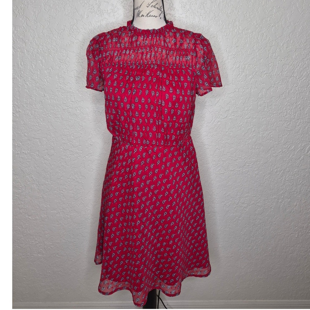 LOFT Red Paisley Smocked Ruffle Neck Chiffon Dress Petite 2P Short Sleeve